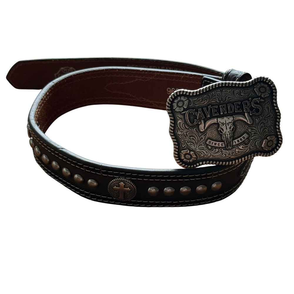 Cavenders Kids Brown Leather Western Belt Cross Studs Basketweave‎ Sz 22 9600802